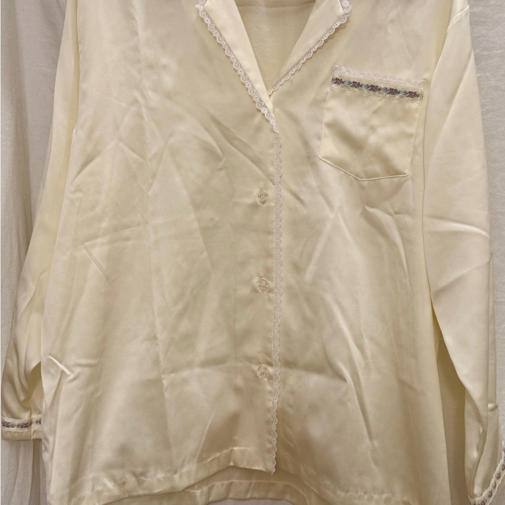Vintage Ivory Satin Lace Romantic Blouse French Heirloom Button Top M/L EUC